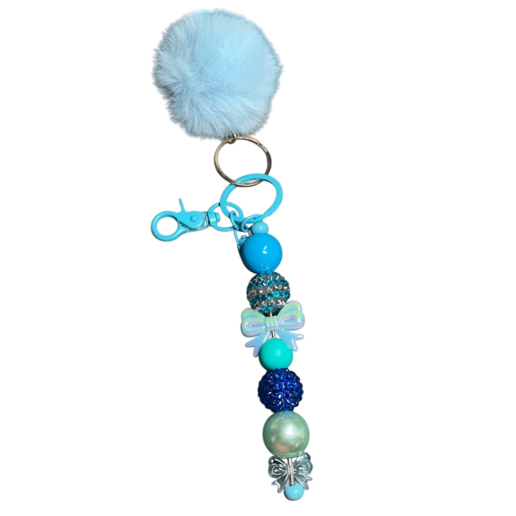 Blue Pom Pom Keychain With Beaded Charms & Bow Accent For Handbags Or Keys