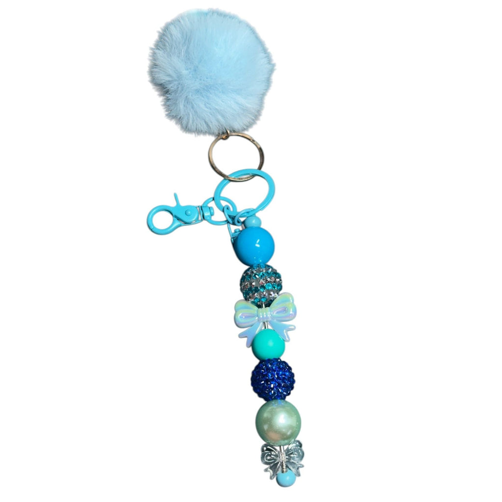 Blue Pom Pom Keychain With Beaded Charms & Bow Accent For Handbags Or Keys