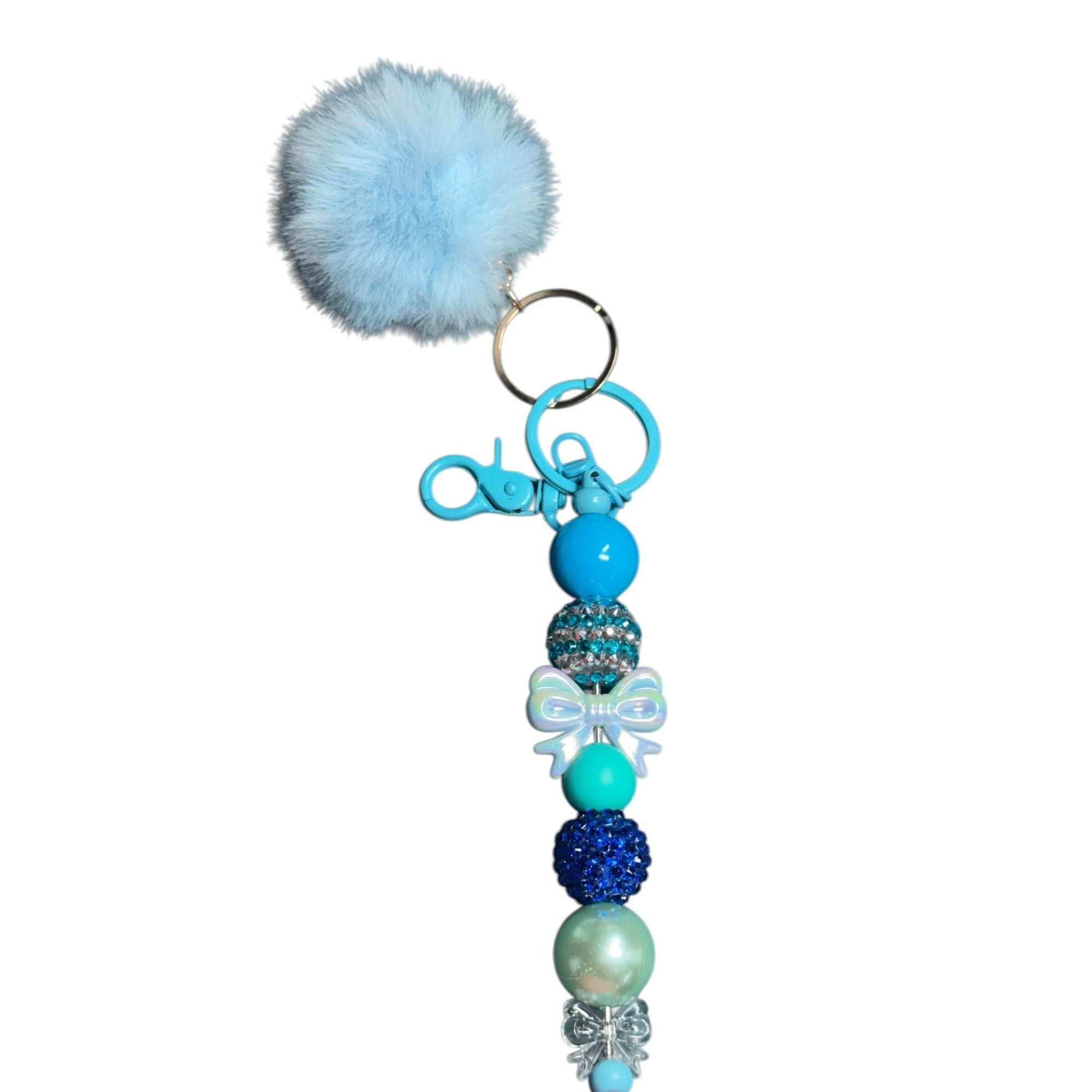 Blue Pom Pom Keychain With Beaded Charms & Bow Accent For Handbags Or Keys