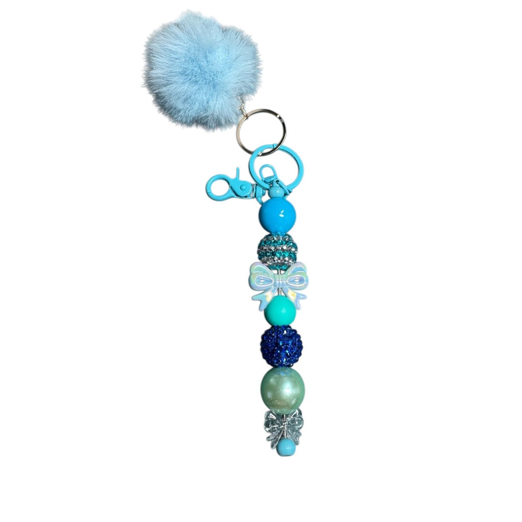 Blue Pom Pom Keychain With Beaded Charms & Bow Accent For Handbags Or Keys