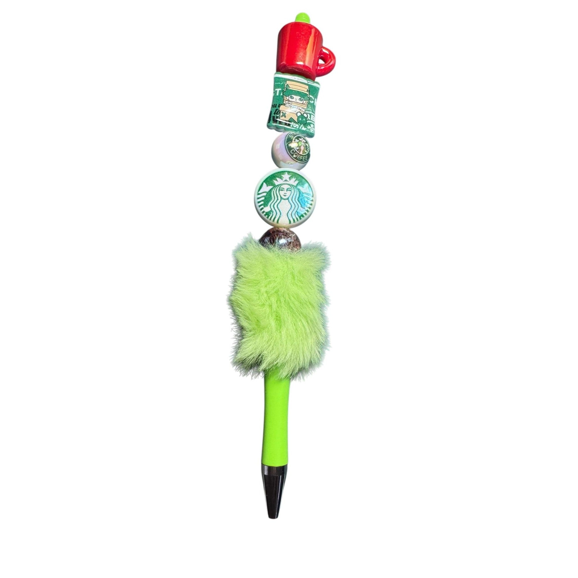 Starbucks-Themed Green Fluffy Pen With Decorative Coffee Cup & Logo Accents