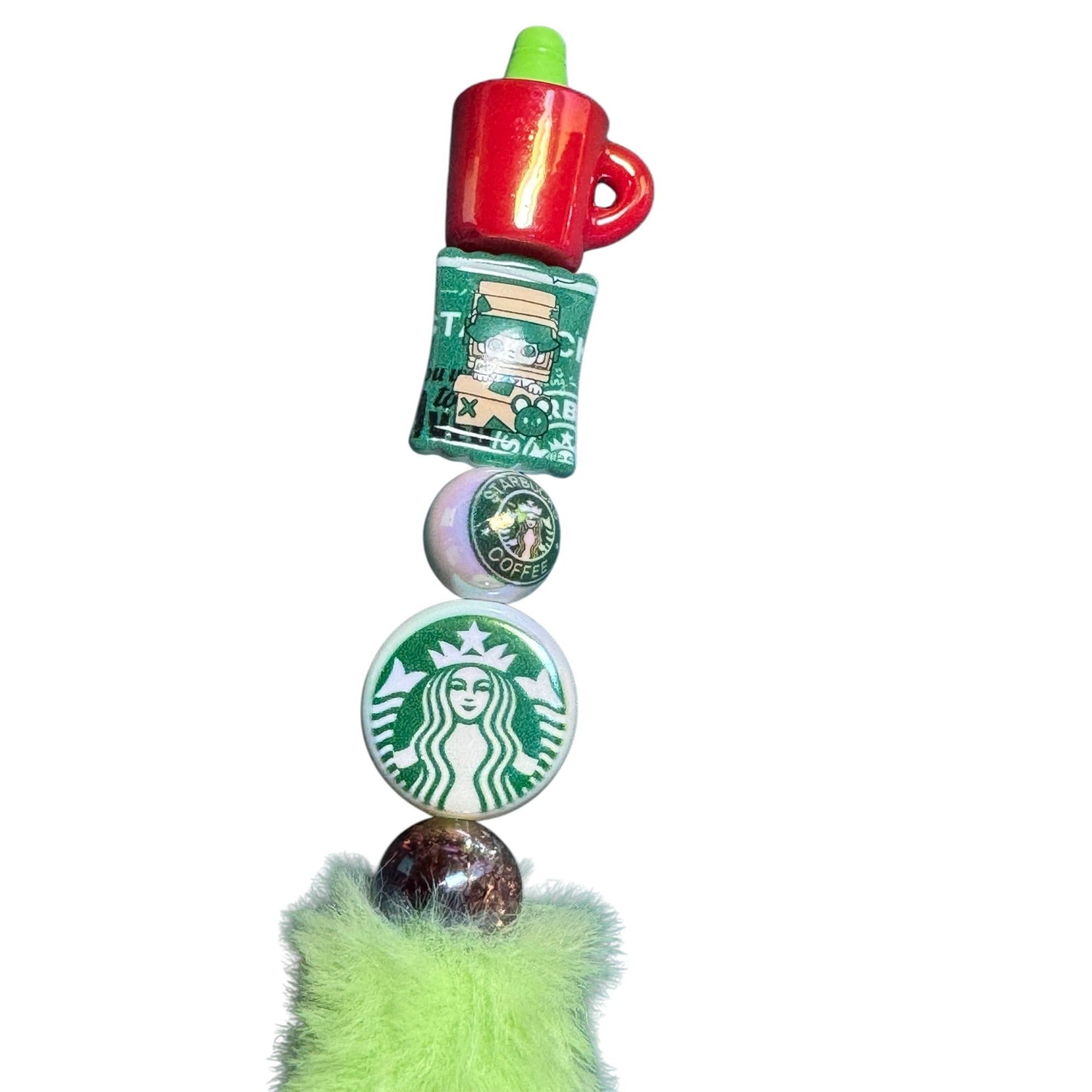 Starbucks-Themed Green Fluffy Pen With Decorative Coffee Cup & Logo Accents