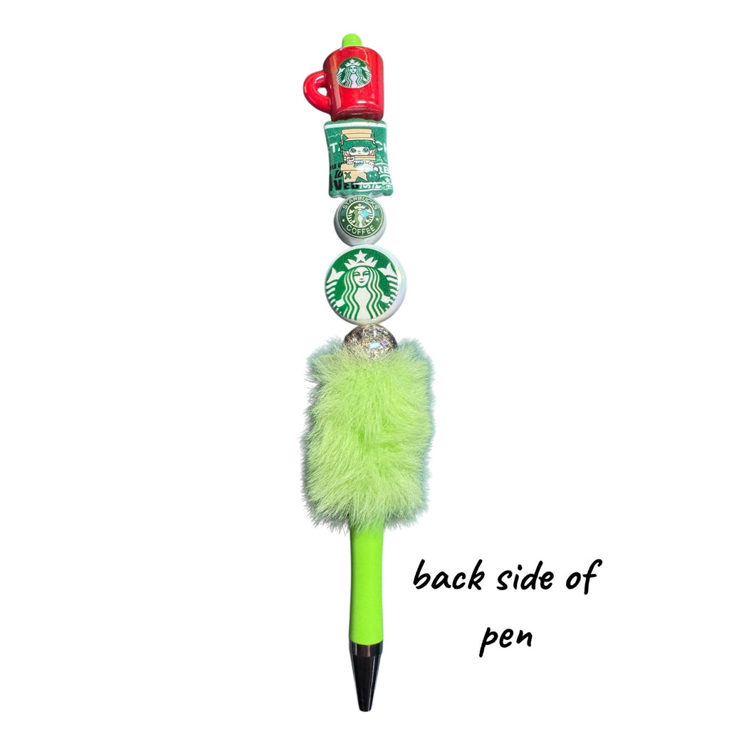 Starbucks-Themed Green Fluffy Pen With Decorative Coffee Cup & Logo Accents