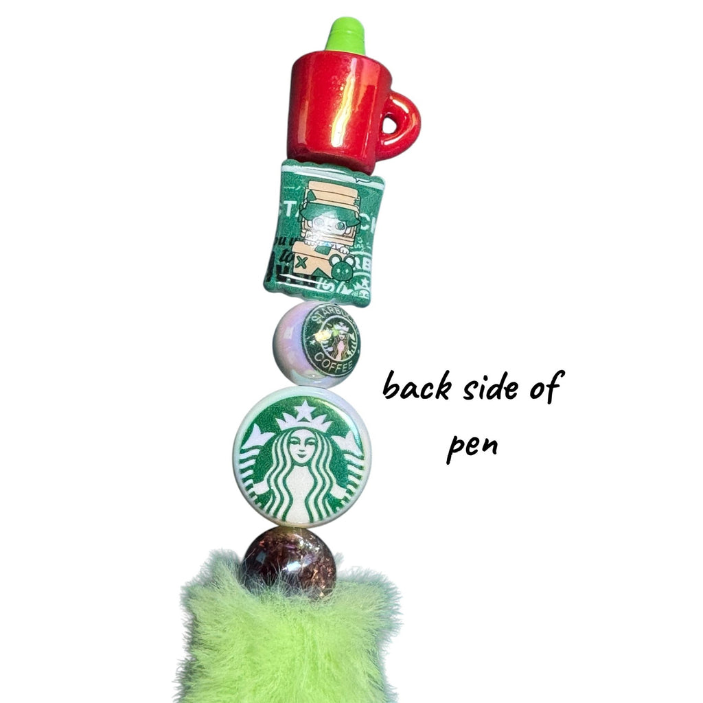 Starbucks-Themed Green Fluffy Pen With Decorative Coffee Cup & Logo Accents