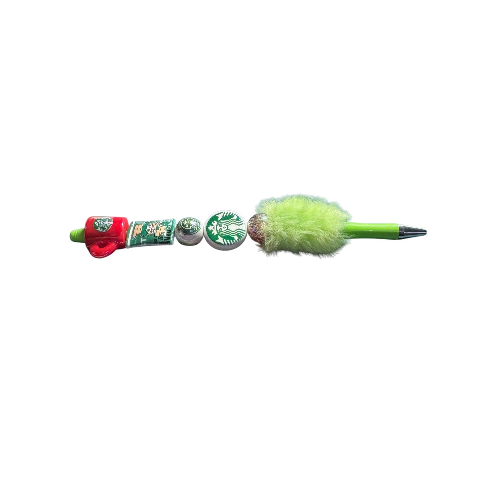 Starbucks-Themed Green Fluffy Pen With Decorative Coffee Cup & Logo Accents