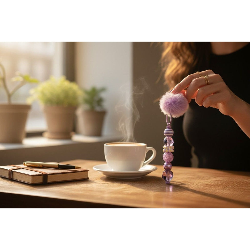 Lavender Pom Pom Keychain With Beaded Details - Stylish Accessory For Bags & Keys