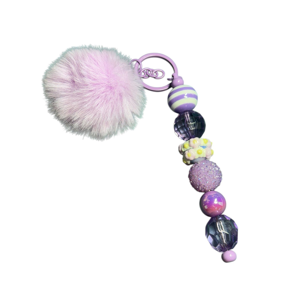 Lavender Pom Pom Keychain With Beaded Details - Stylish Accessory For Bags & Keys