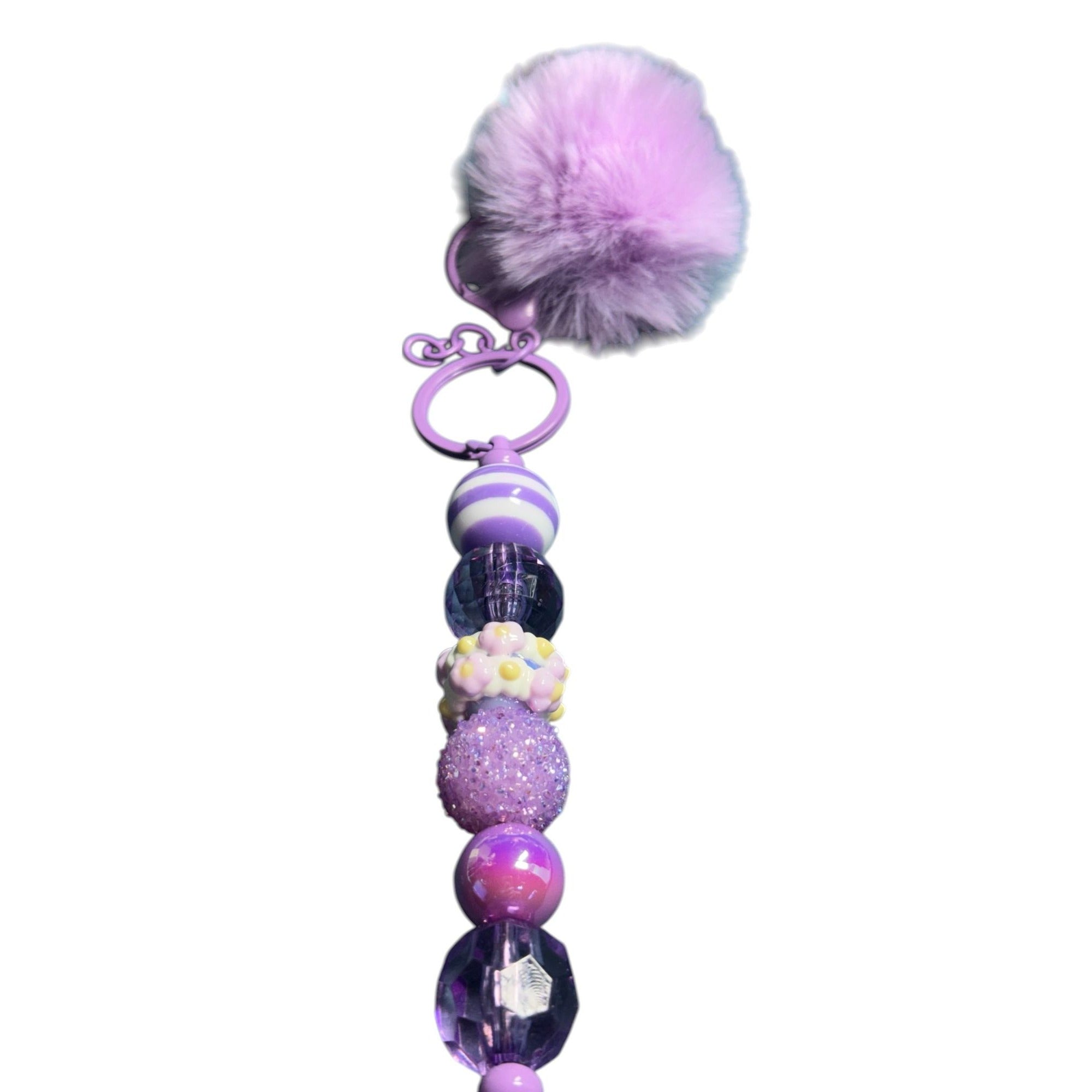 Lavender Pom Pom Keychain With Beaded Details - Stylish Accessory For Bags & Keys
