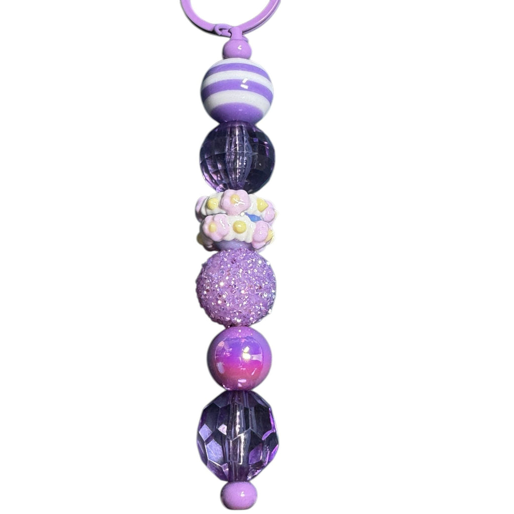 Lavender Pom Pom Keychain With Beaded Details - Stylish Accessory For Bags & Keys