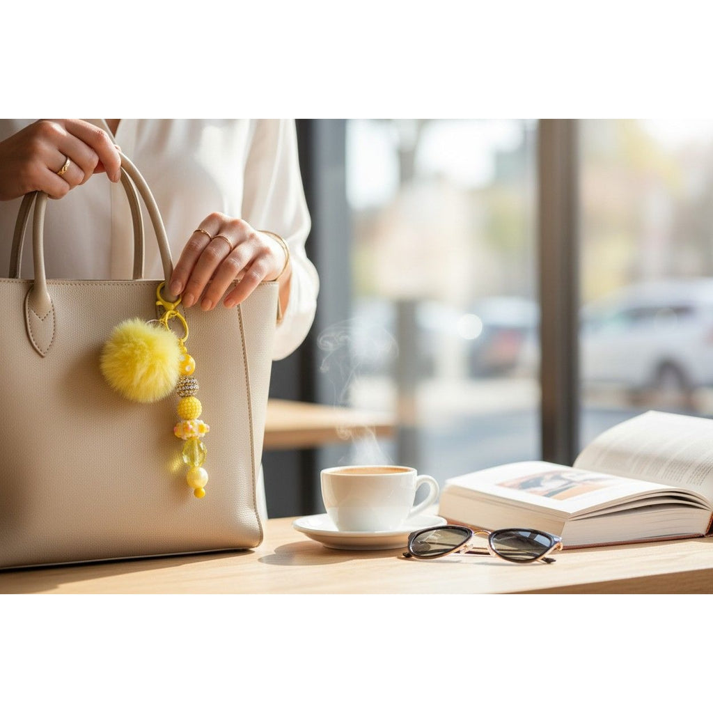 Yellow Faux Fur Pom Pom Keychain With Beaded Charm For Bags Or Keys