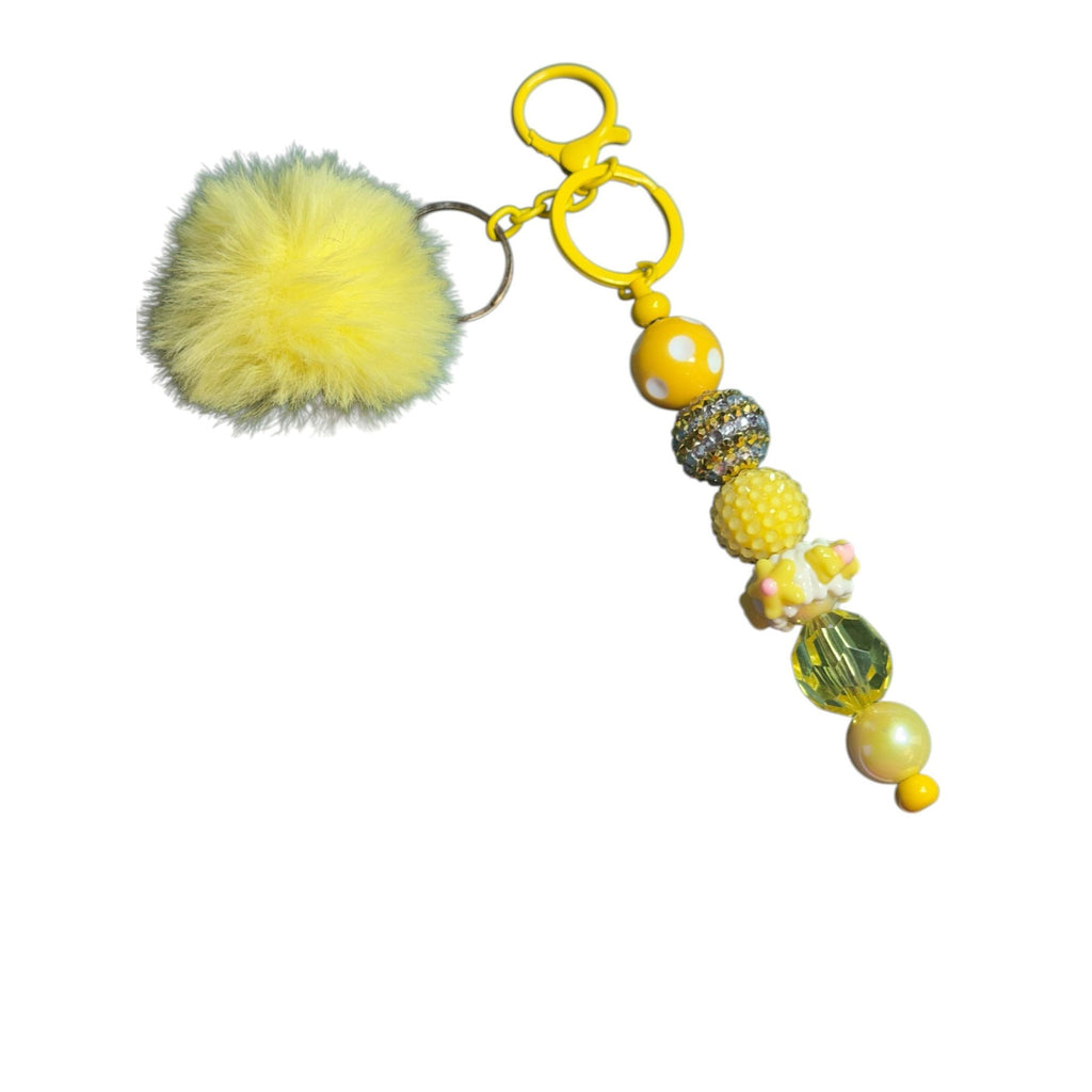 Yellow Faux Fur Pom Pom Keychain With Beaded Charm For Bags Or Keys