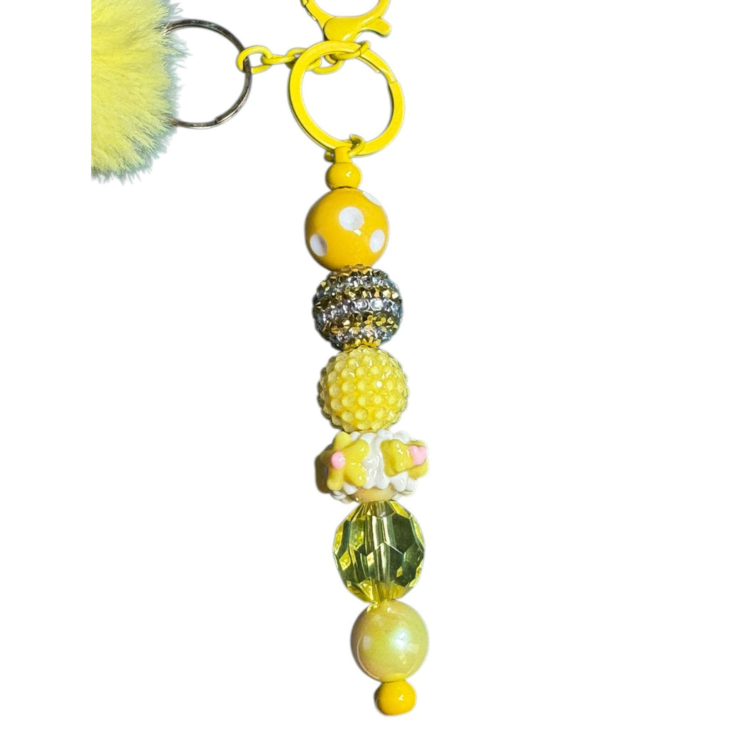 Yellow Faux Fur Pom Pom Keychain With Beaded Charm For Bags Or Keys