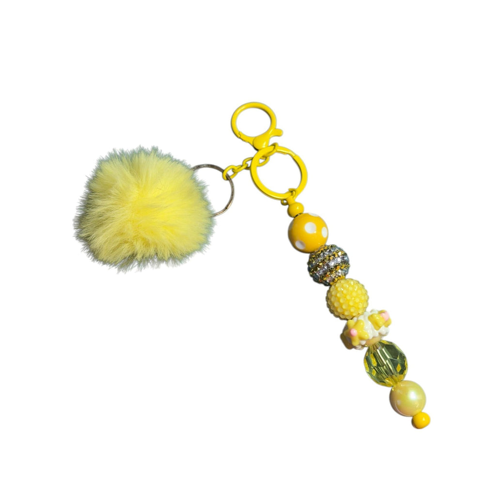 Yellow Faux Fur Pom Pom Keychain With Beaded Charm For Bags Or Keys