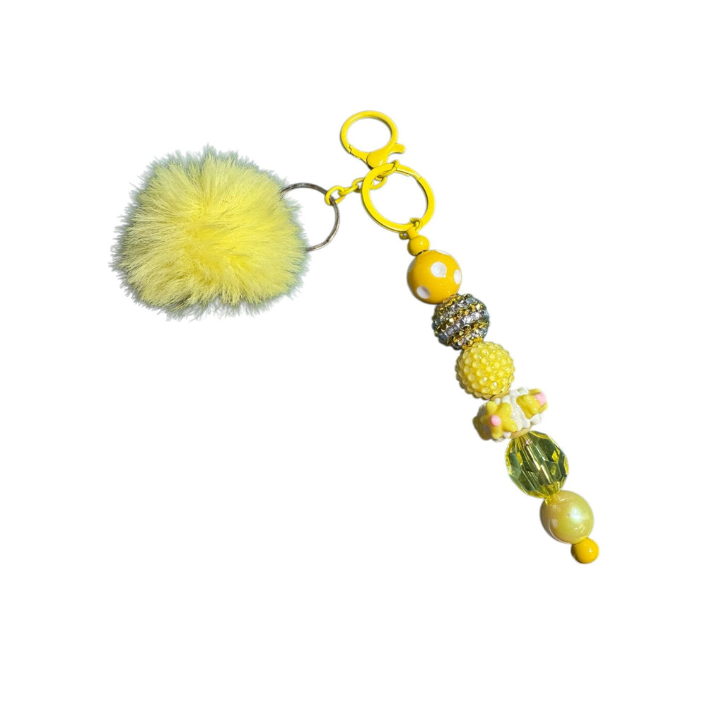 Yellow Faux Fur Pom Pom Keychain With Beaded Charm For Bags Or Keys