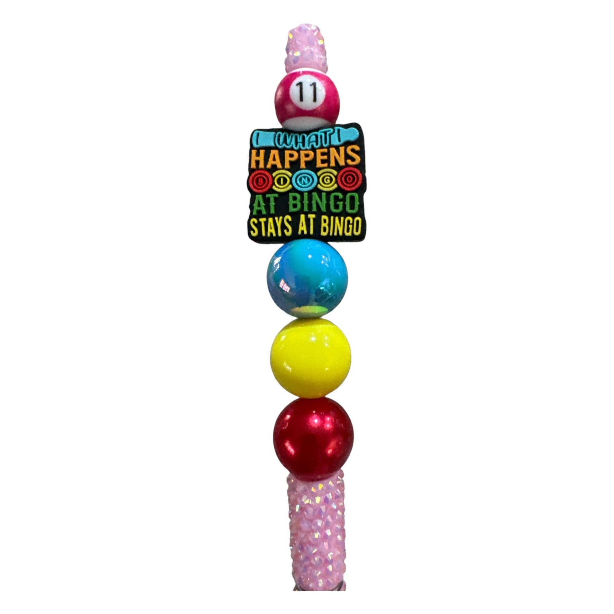 What Happens At Bingo Novelty Beaded Pen With Pink Glitter Handle & Multicolor Design