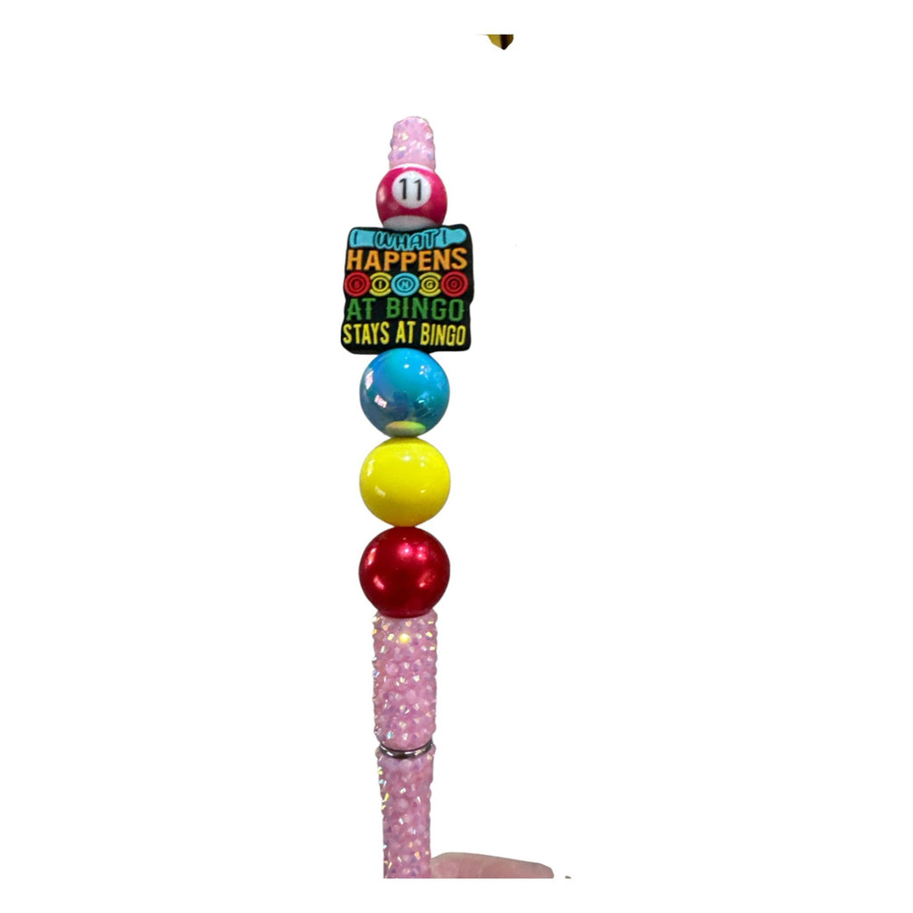What Happens At Bingo Novelty Beaded Pen With Pink Glitter Handle & Multicolor Design
