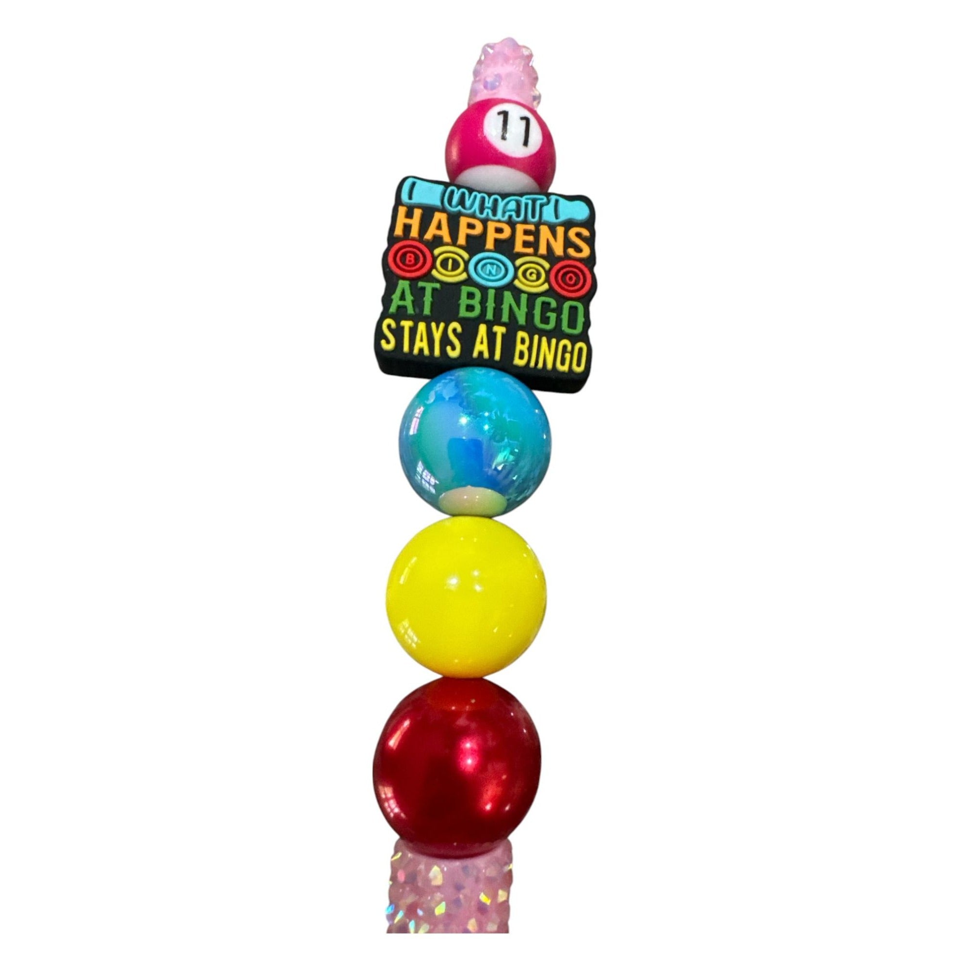 What Happens At Bingo Novelty Beaded Pen With Pink Glitter Handle & Multicolor Design