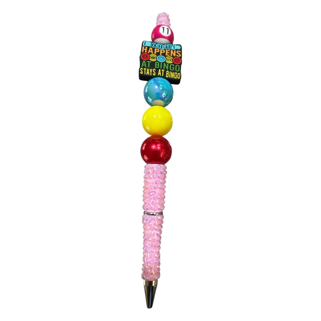 What Happens At Bingo Novelty Beaded Pen With Pink Glitter Handle & Multicolor Design