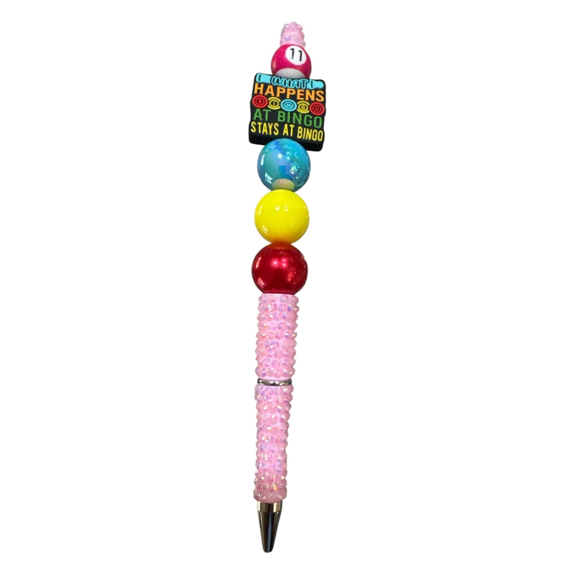What Happens At Bingo Novelty Beaded Pen With Pink Glitter Handle & Multicolor Design