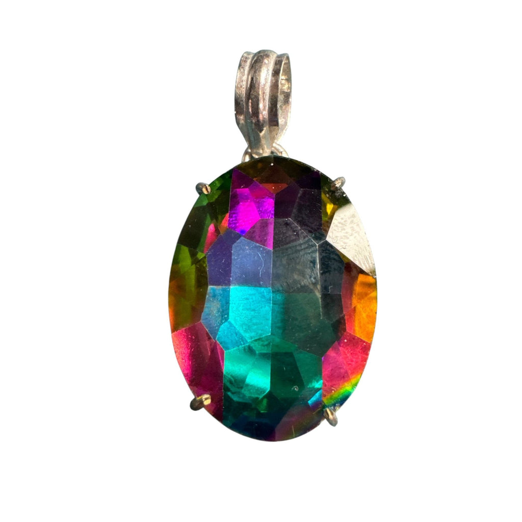 Rainbow Mystic Topaz Pendant With Silver-Tone Setting - Oval Shape 1.5 Inches Long Multi-Color Gemstone Necklace Accessory