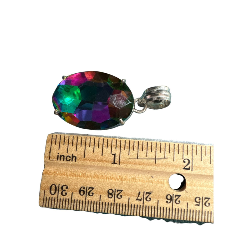 Rainbow Mystic Topaz Pendant With Silver-Tone Setting - Oval Shape 1.5 Inches Long Multi-Color Gemstone Necklace Accessory