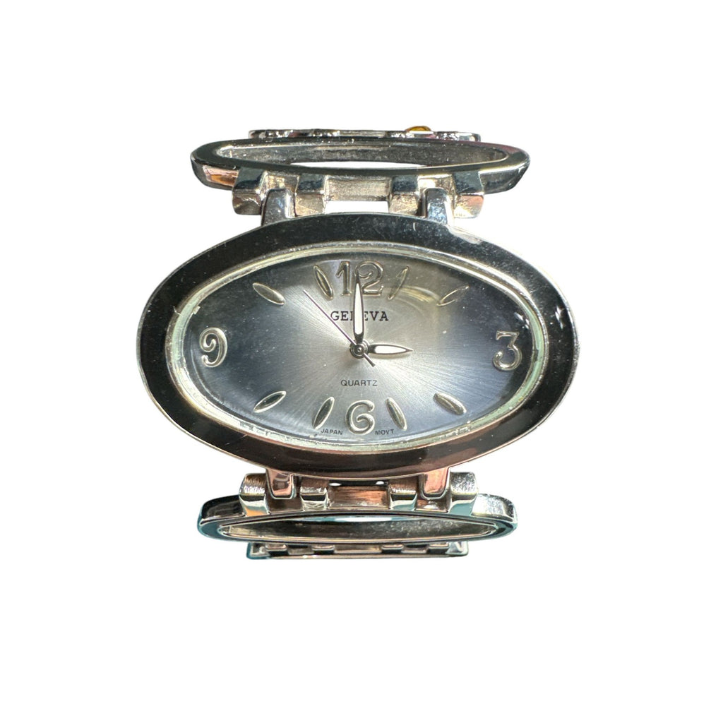 Geneva Quartz Womens Oval Silver-Tone Bracelet Watch With Unique Open-Link Design