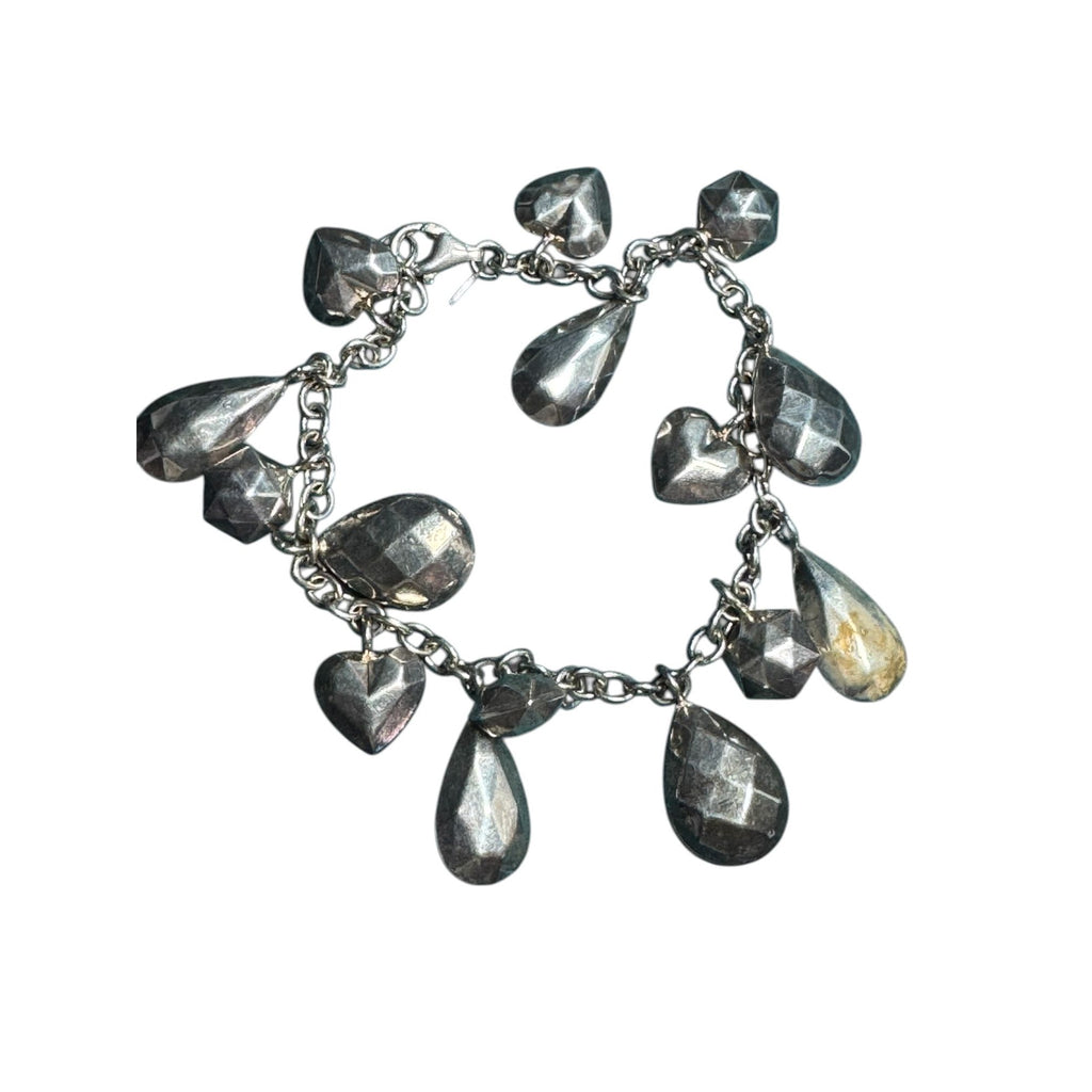 JCM Silver Tone Charm Bracelet Faceted Teardrop Heart Geometric Dangle Chain Women’s Jewelry