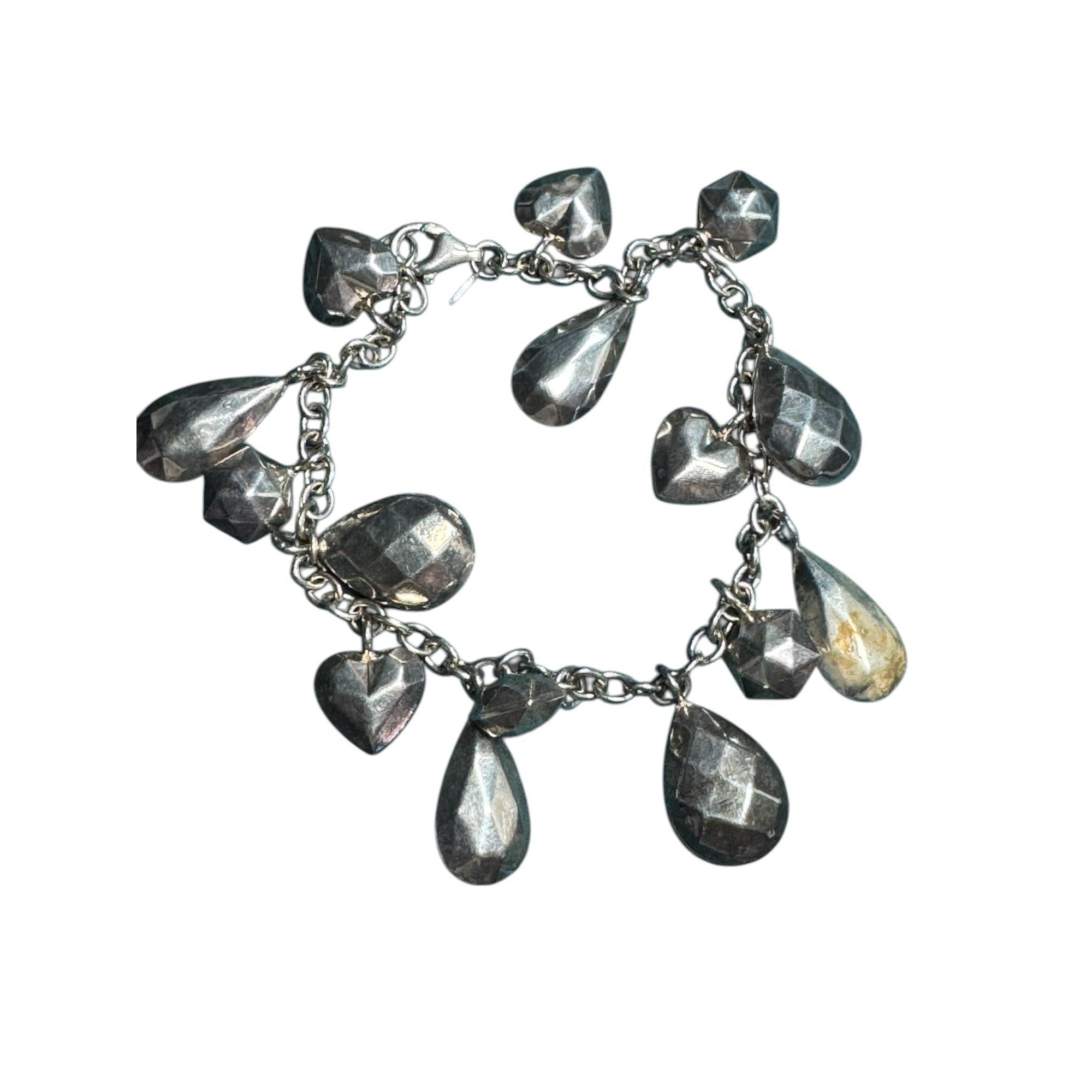 JCM Silver Tone Charm Bracelet Faceted Teardrop Heart Geometric Dangle Chain Women’s Jewelry