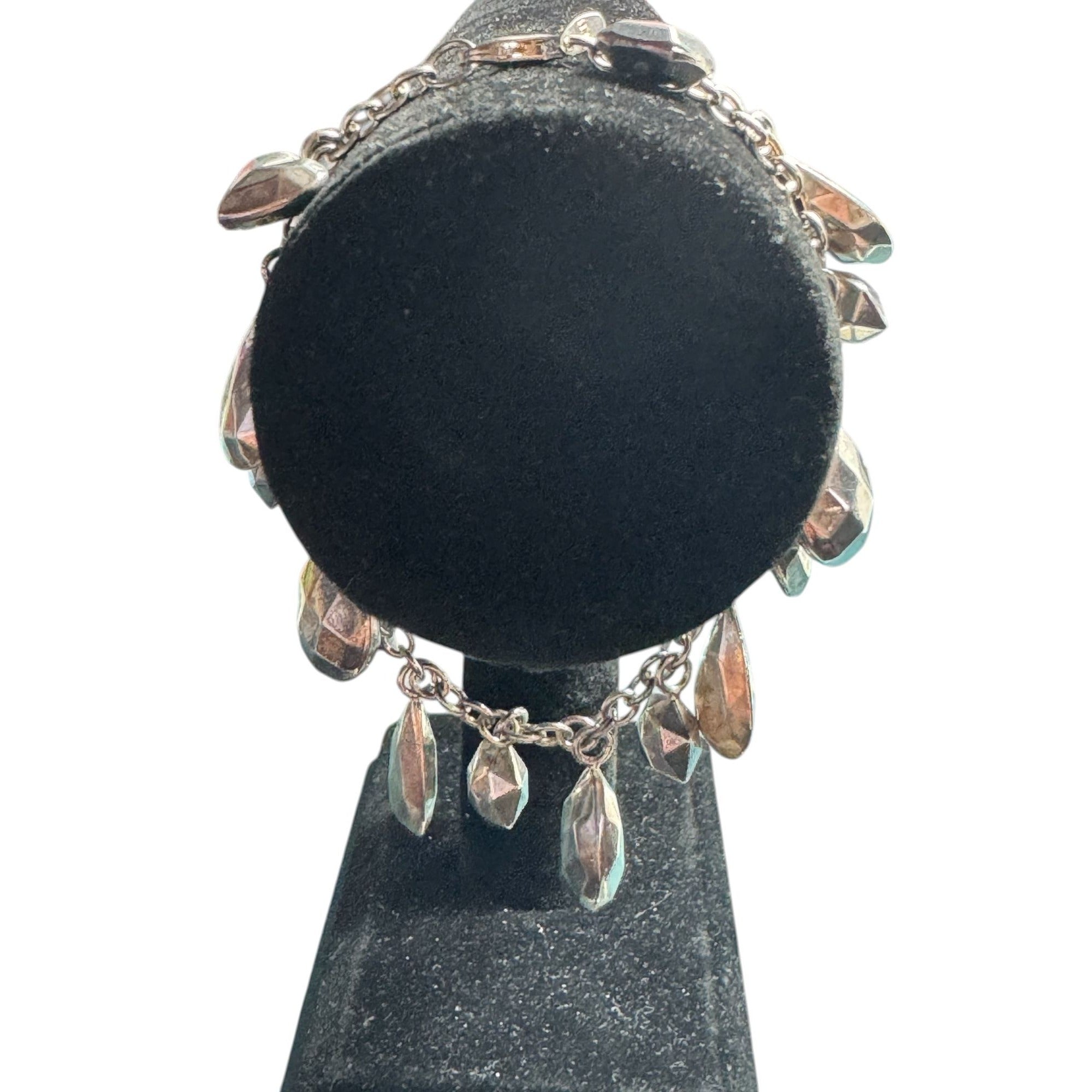JCM Silver Tone Charm Bracelet Faceted Teardrop Heart Geometric Dangle Chain Women’s Jewelry