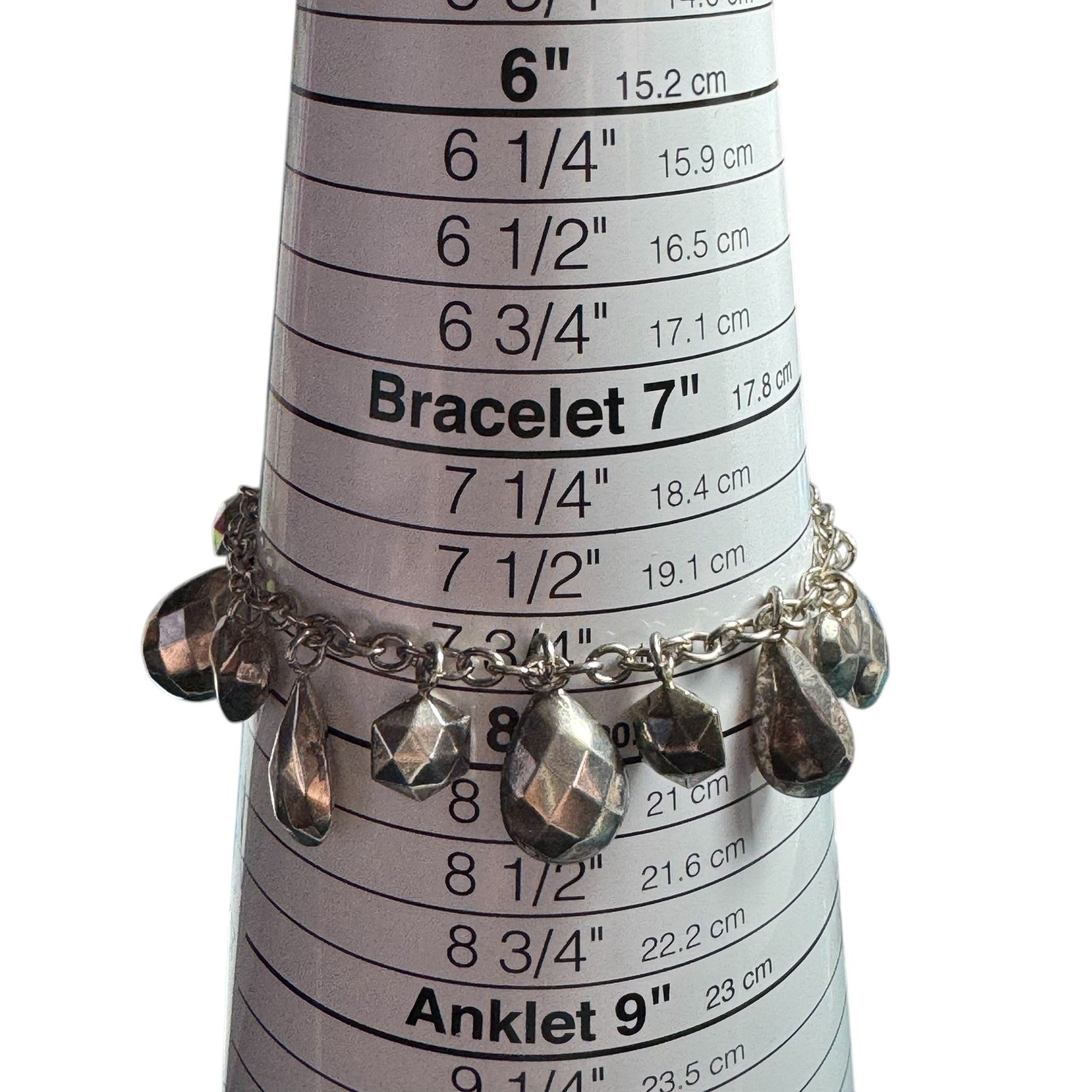 JCM Silver Tone Charm Bracelet Faceted Teardrop Heart Geometric Dangle Chain Women’s Jewelry