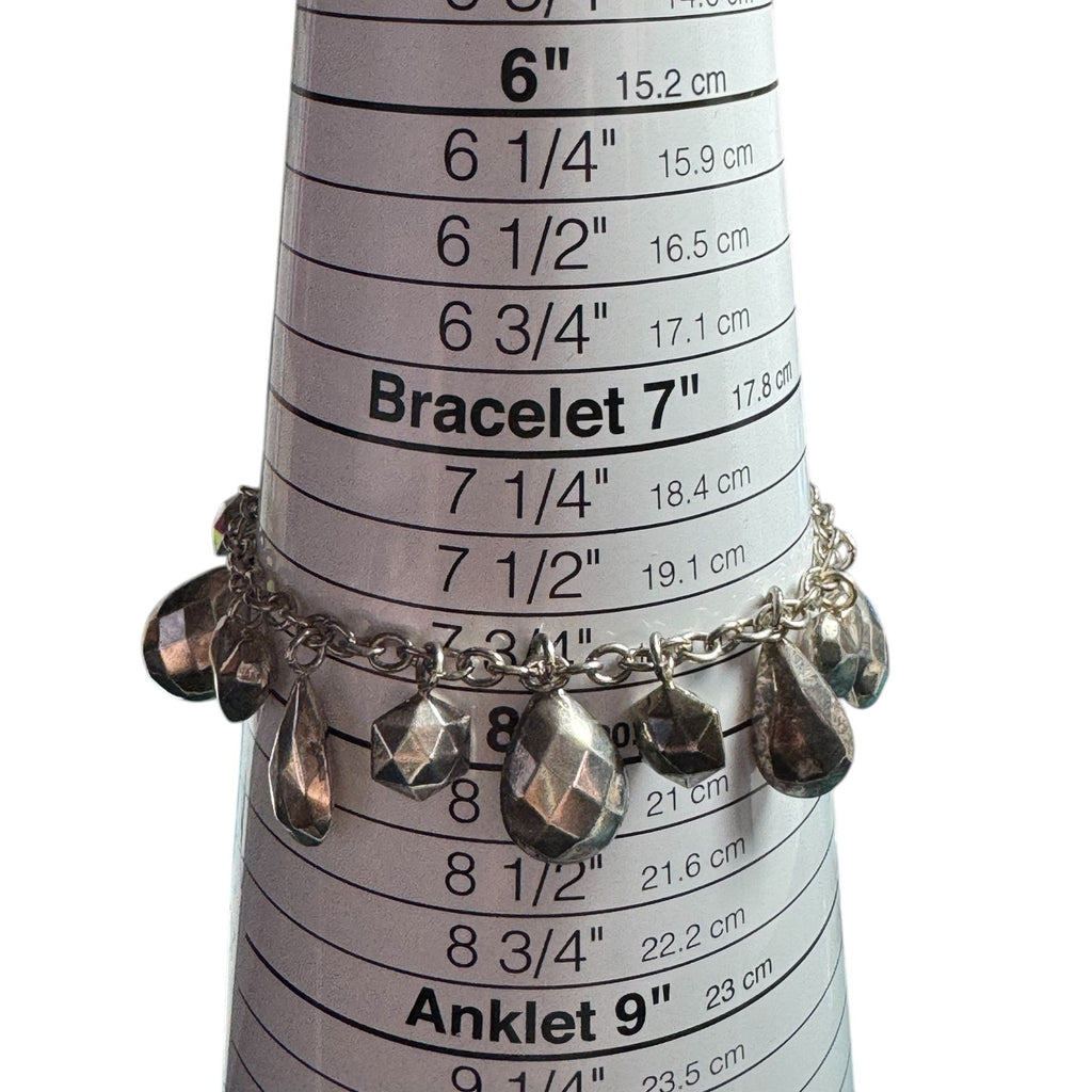 JCM Silver Tone Charm Bracelet Faceted Teardrop Heart Geometric Dangle Chain Women’s Jewelry