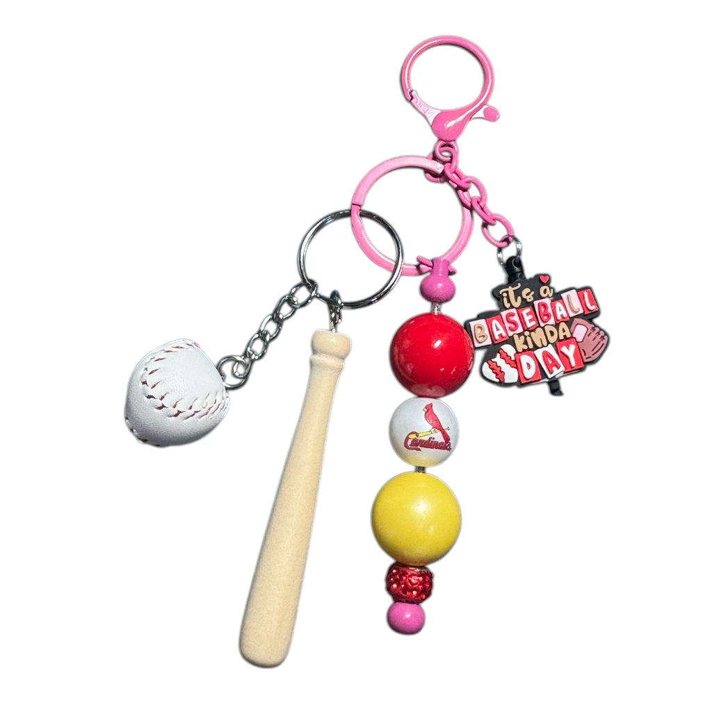 St Louis Cardinals Baseball-Themed Keychain Set With Bat Ball & Beaded Charms For Backpacks Or Bags