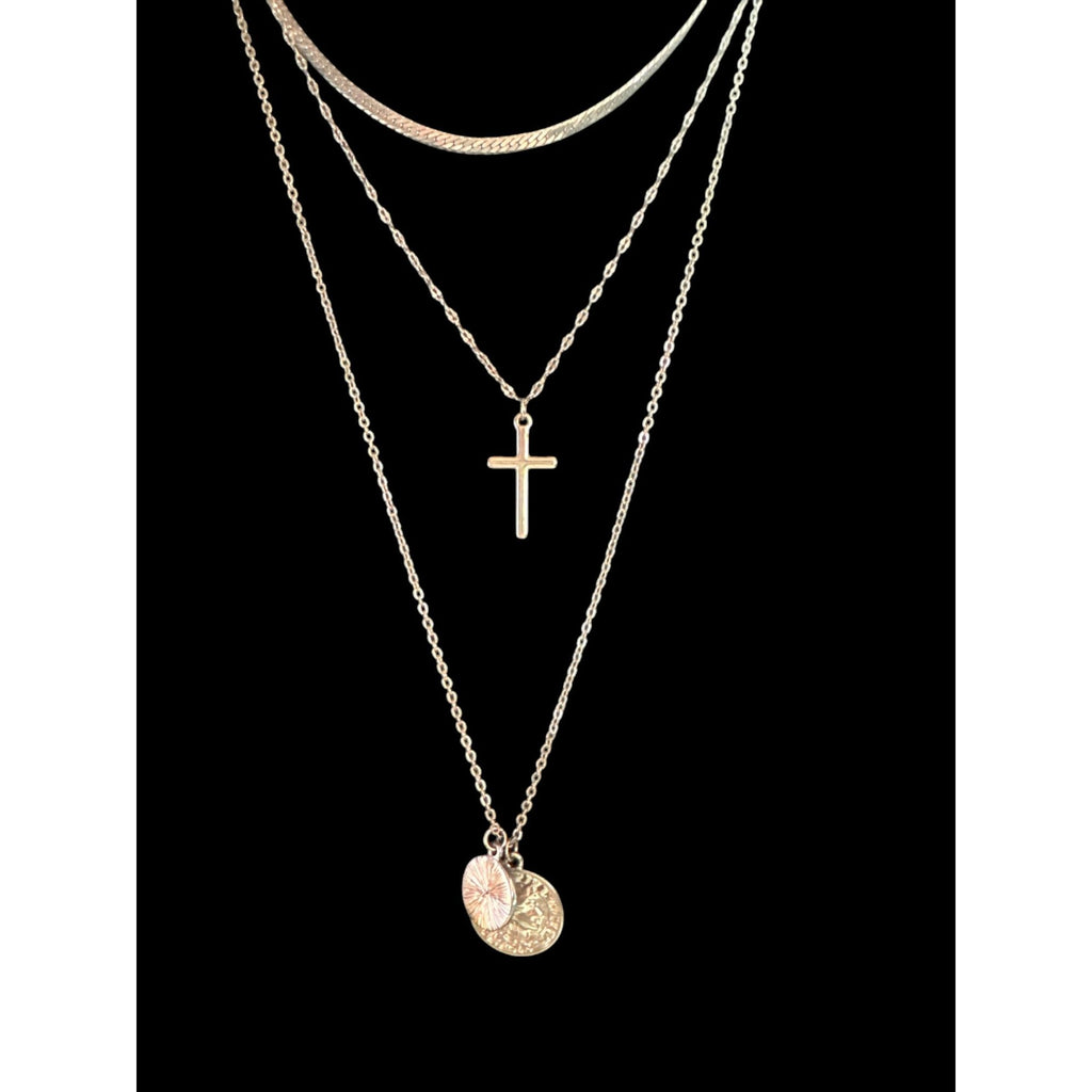 Layered Silver-Tone Necklace With Cross & Coin Pendants Minimalist Jewelry Adjustable Length Womens Accessories