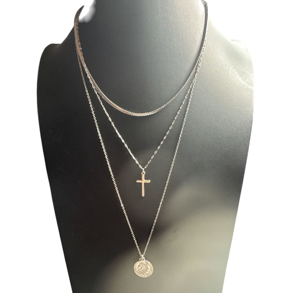 Layered Silver-Tone Necklace With Cross & Coin Pendants Minimalist Jewelry Adjustable Length Womens Accessories