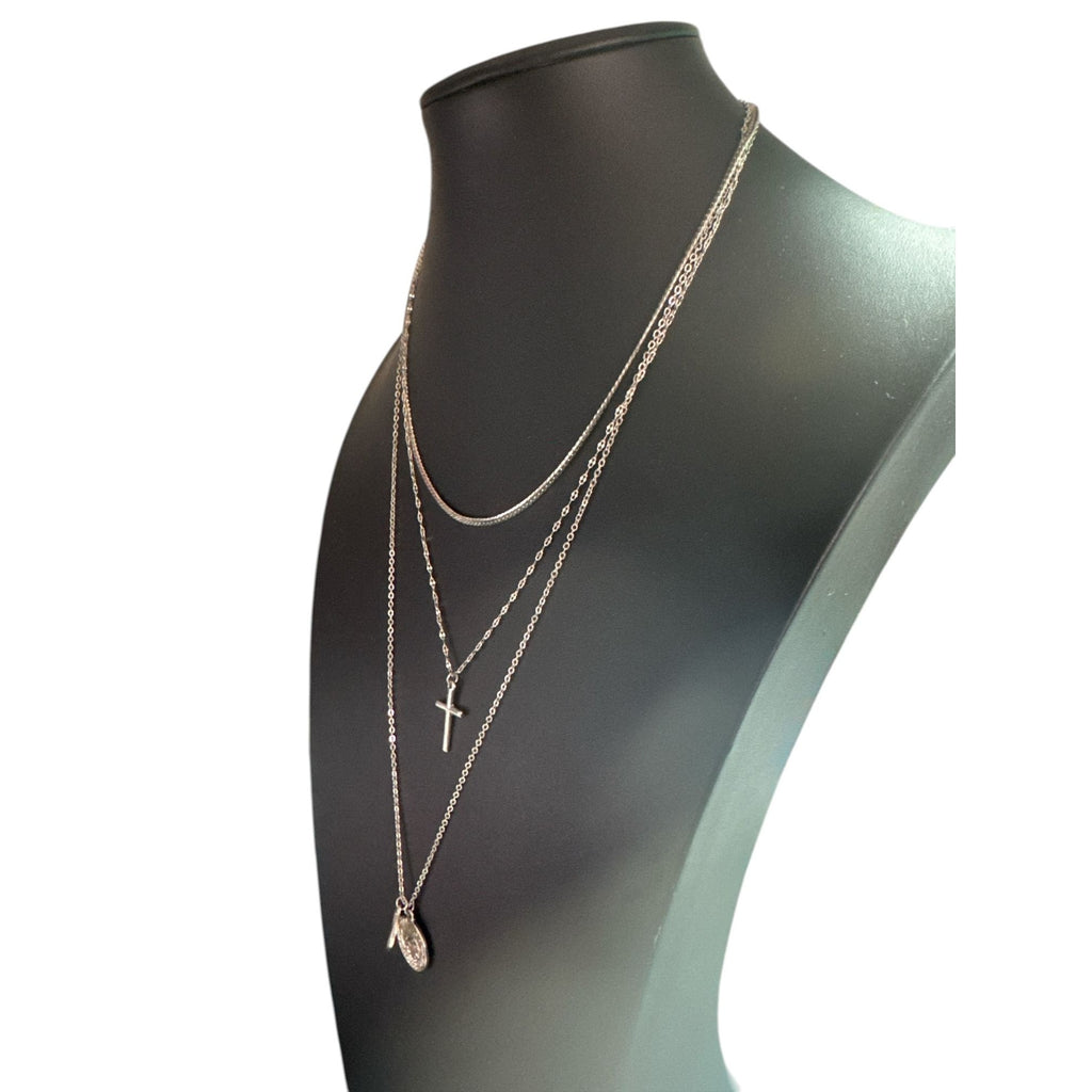 Layered Silver-Tone Necklace With Cross & Coin Pendants Minimalist Jewelry Adjustable Length Womens Accessories