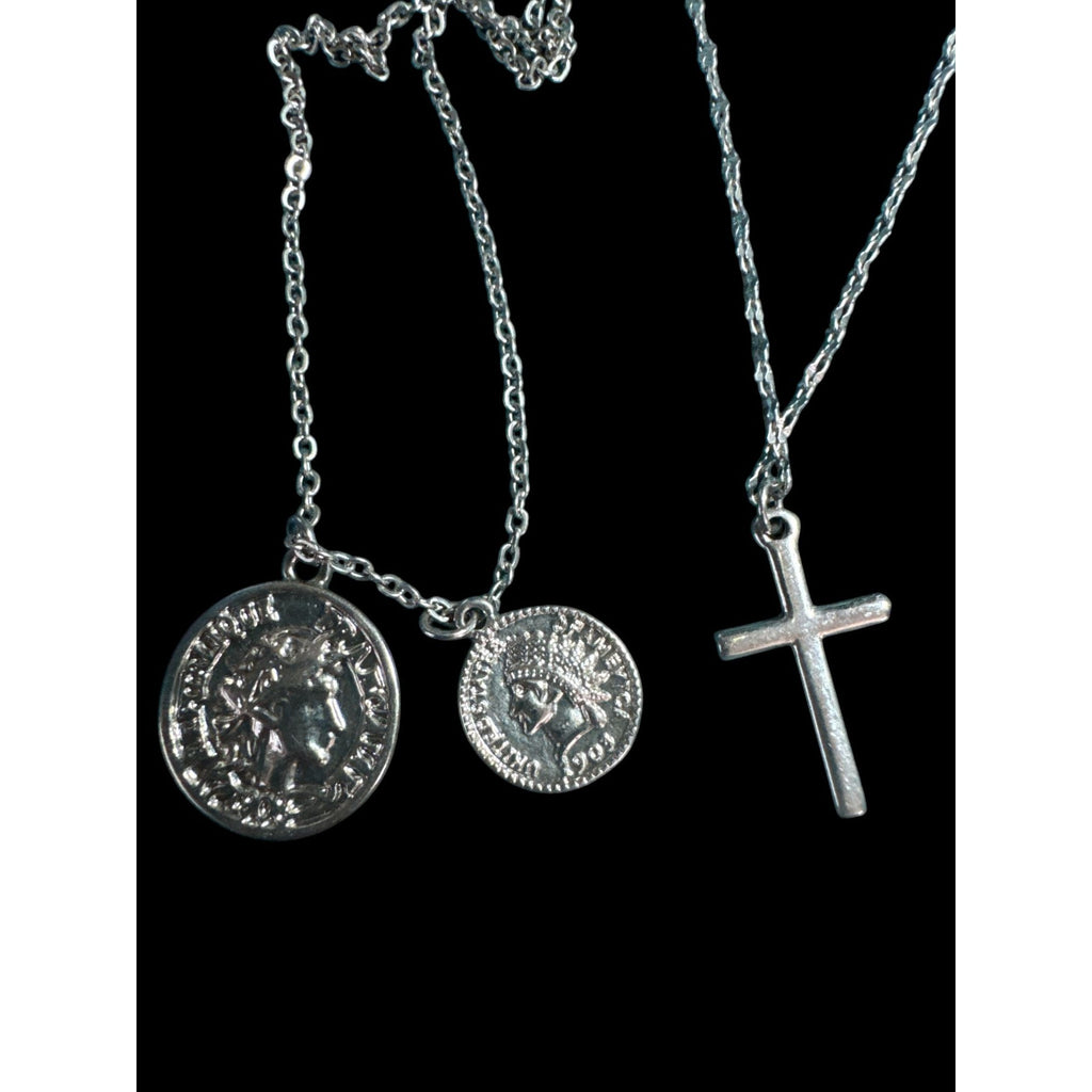 Layered Silver-Tone Necklace With Cross & Coin Pendants Minimalist Jewelry Adjustable Length Womens Accessories