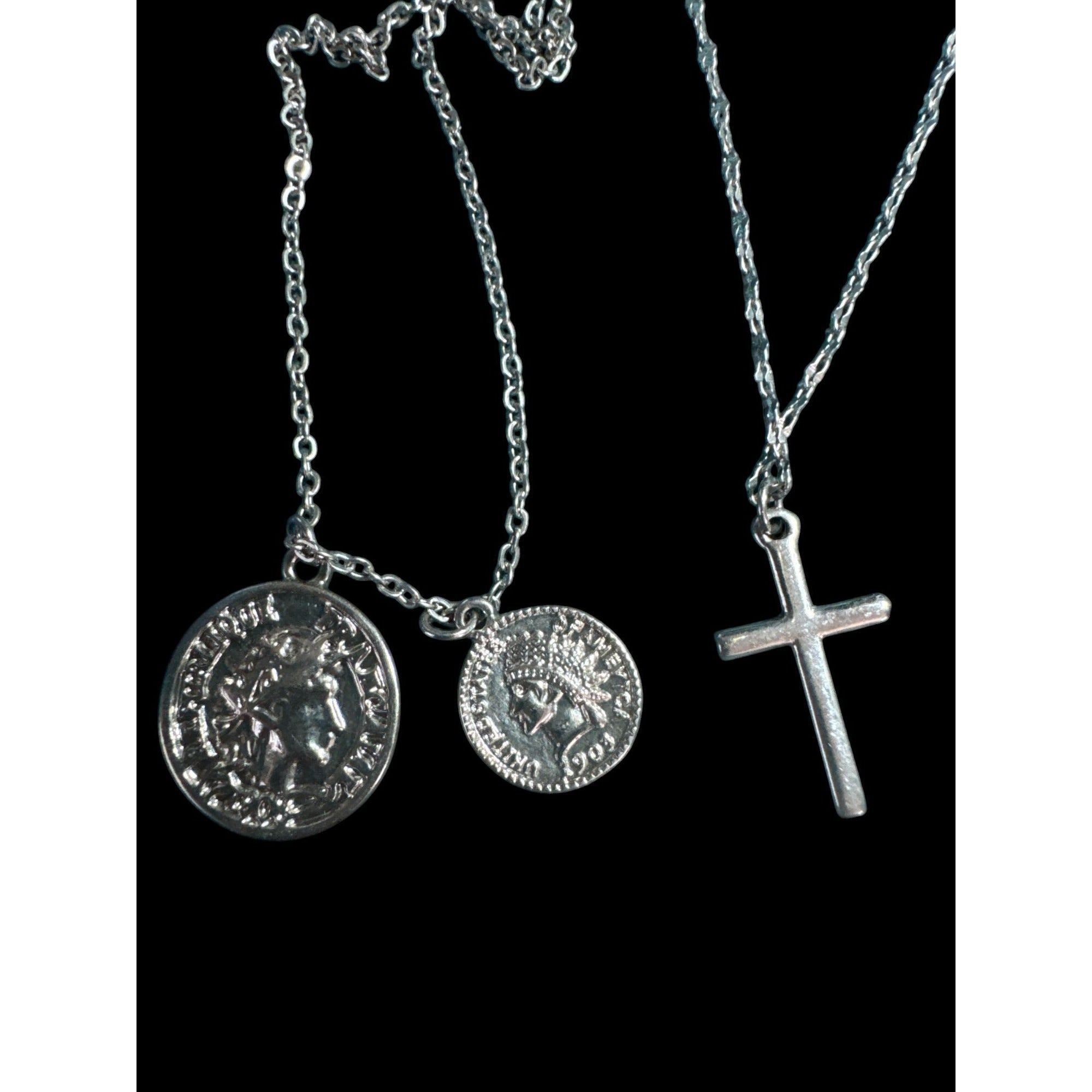 Layered Silver-Tone Necklace With Cross & Coin Pendants Minimalist Jewelry Adjustable Length Womens Accessories