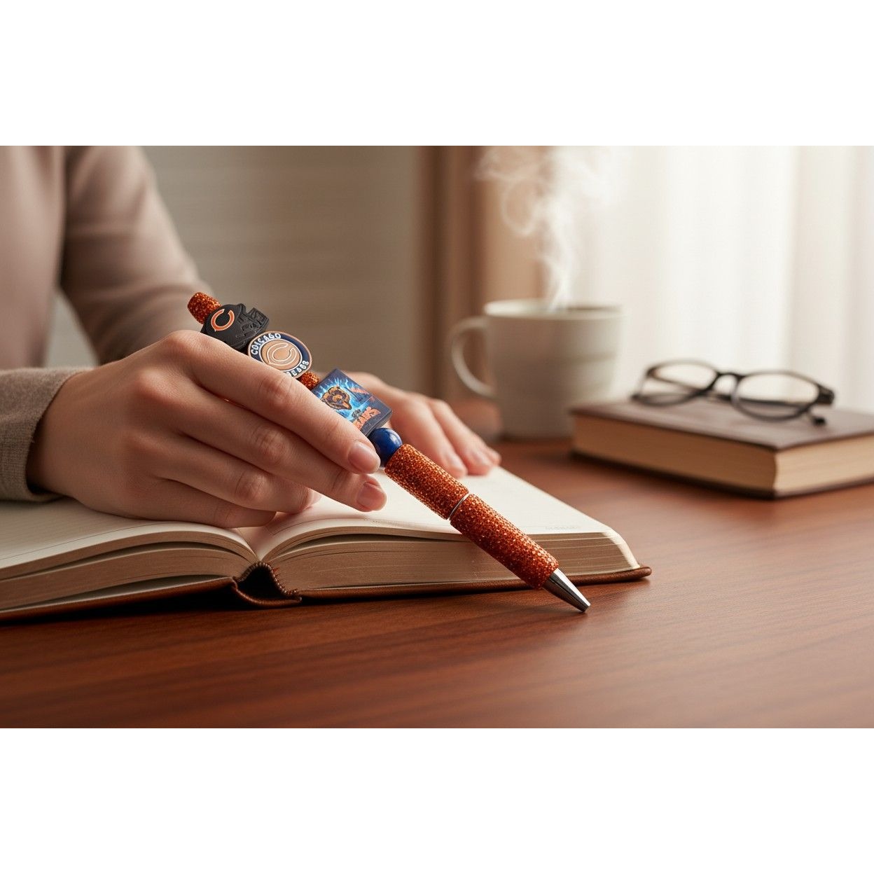 Chicago Bears Themed Glitter Ballpoint Pen With Team Logos & Beads Perfect For Fans & Gameday Writing Needs