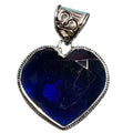 Sterling Silver 925 Heart Pendant Deep Blue Faceted Glass Stone Ornate Vintage Style Design