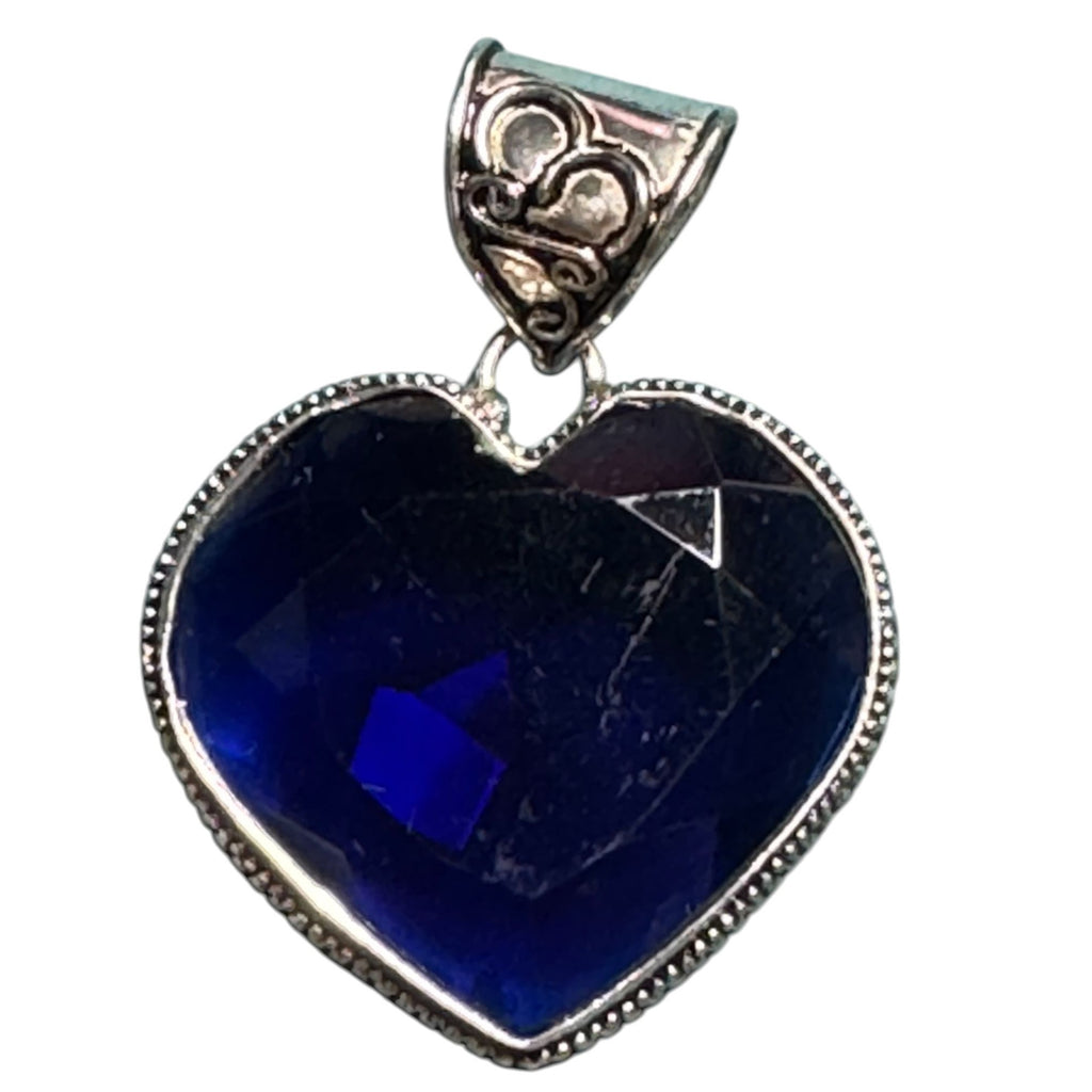 Sterling Silver 925 Heart Pendant Deep Blue Faceted Glass Stone Ornate Vintage Style Design