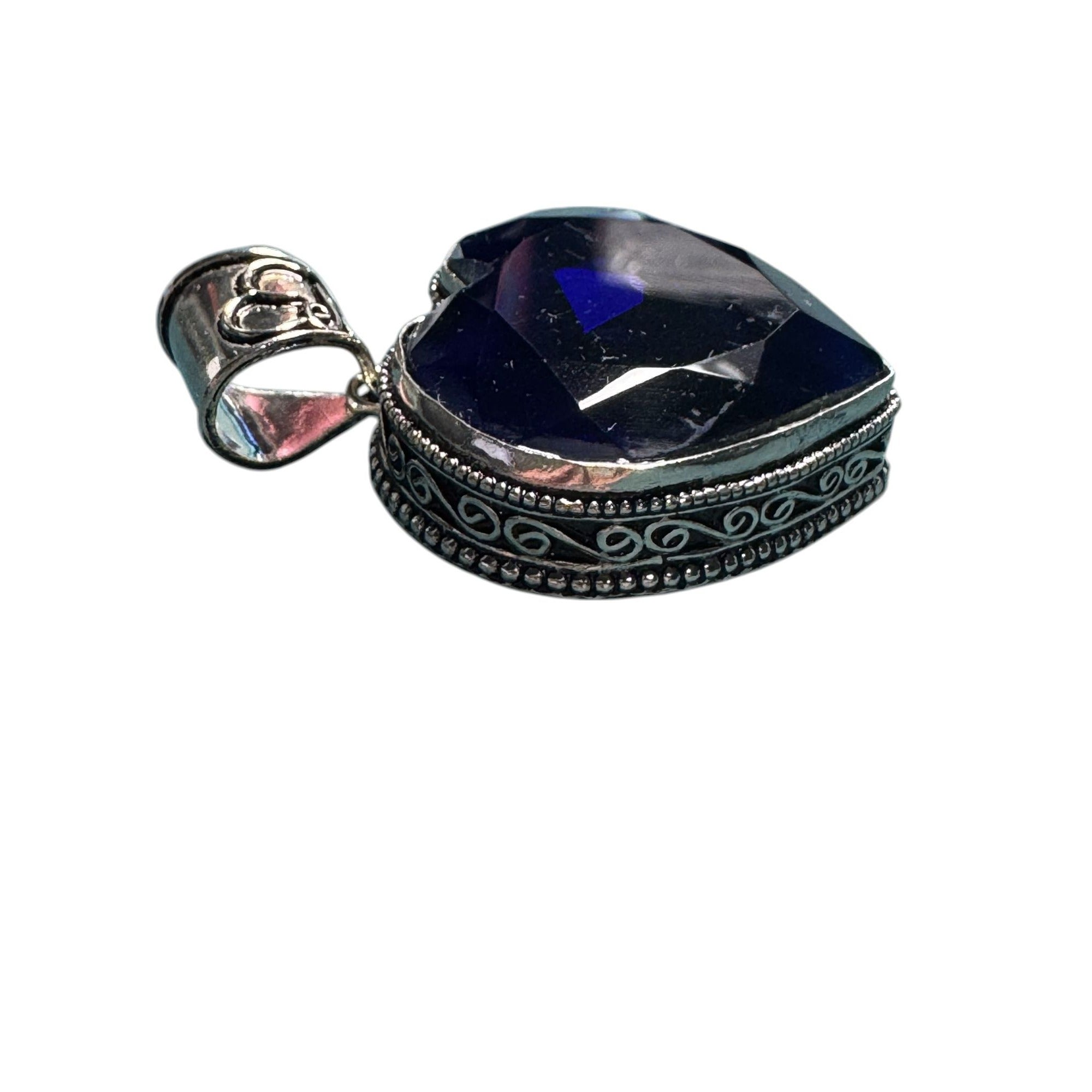Sterling Silver 925 Heart Pendant Deep Blue Faceted Glass Stone Ornate Vintage Style Design
