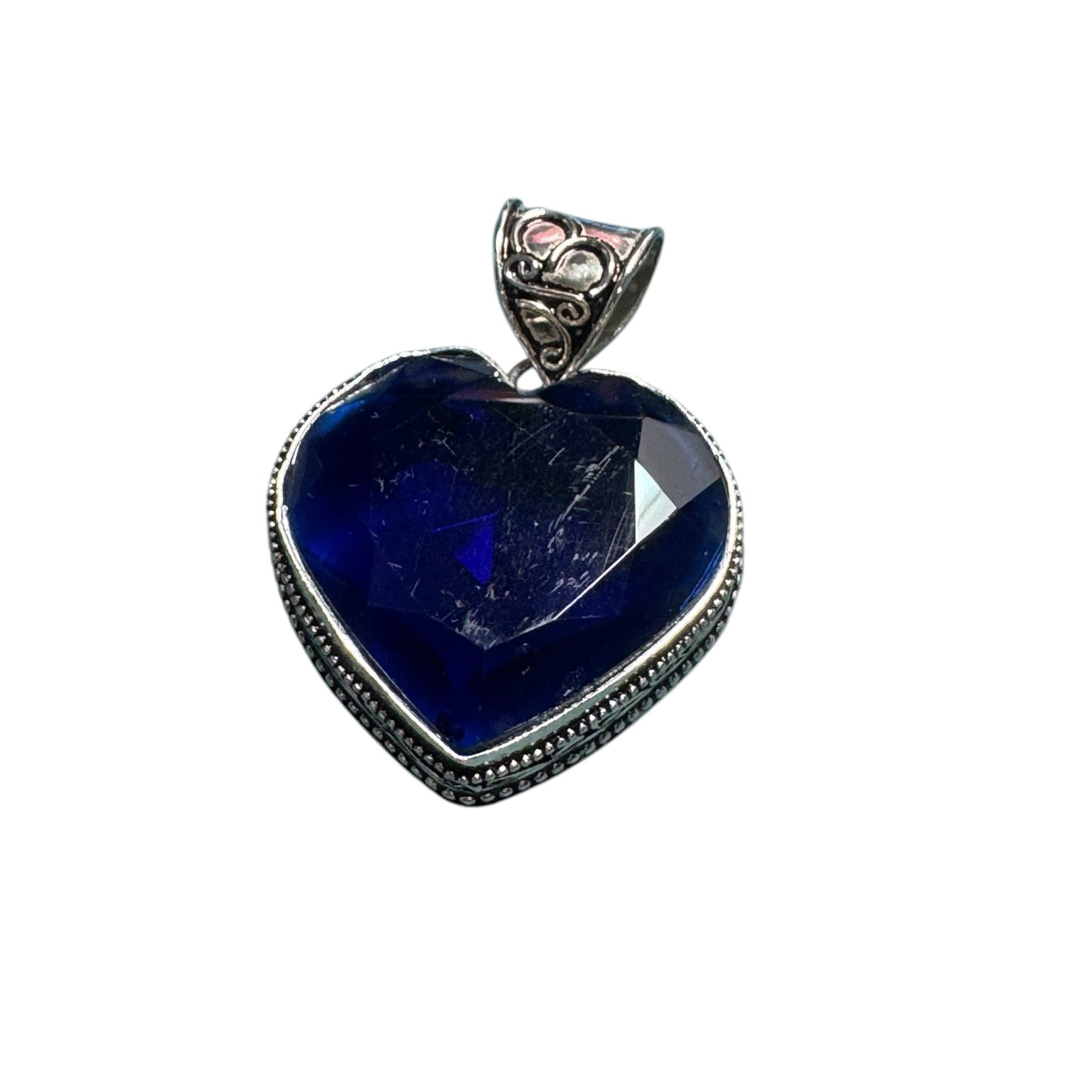 Sterling Silver 925 Heart Pendant Deep Blue Faceted Glass Stone Ornate Vintage Style Design