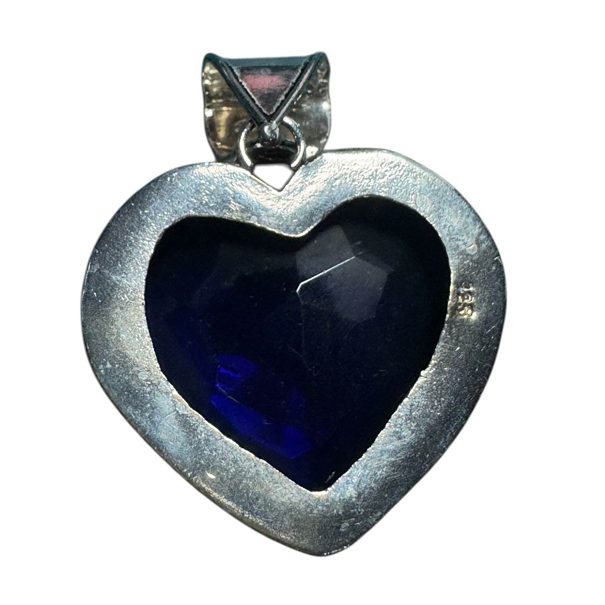 Sterling Silver 925 Heart Pendant Deep Blue Faceted Glass Stone Ornate Vintage Style Design