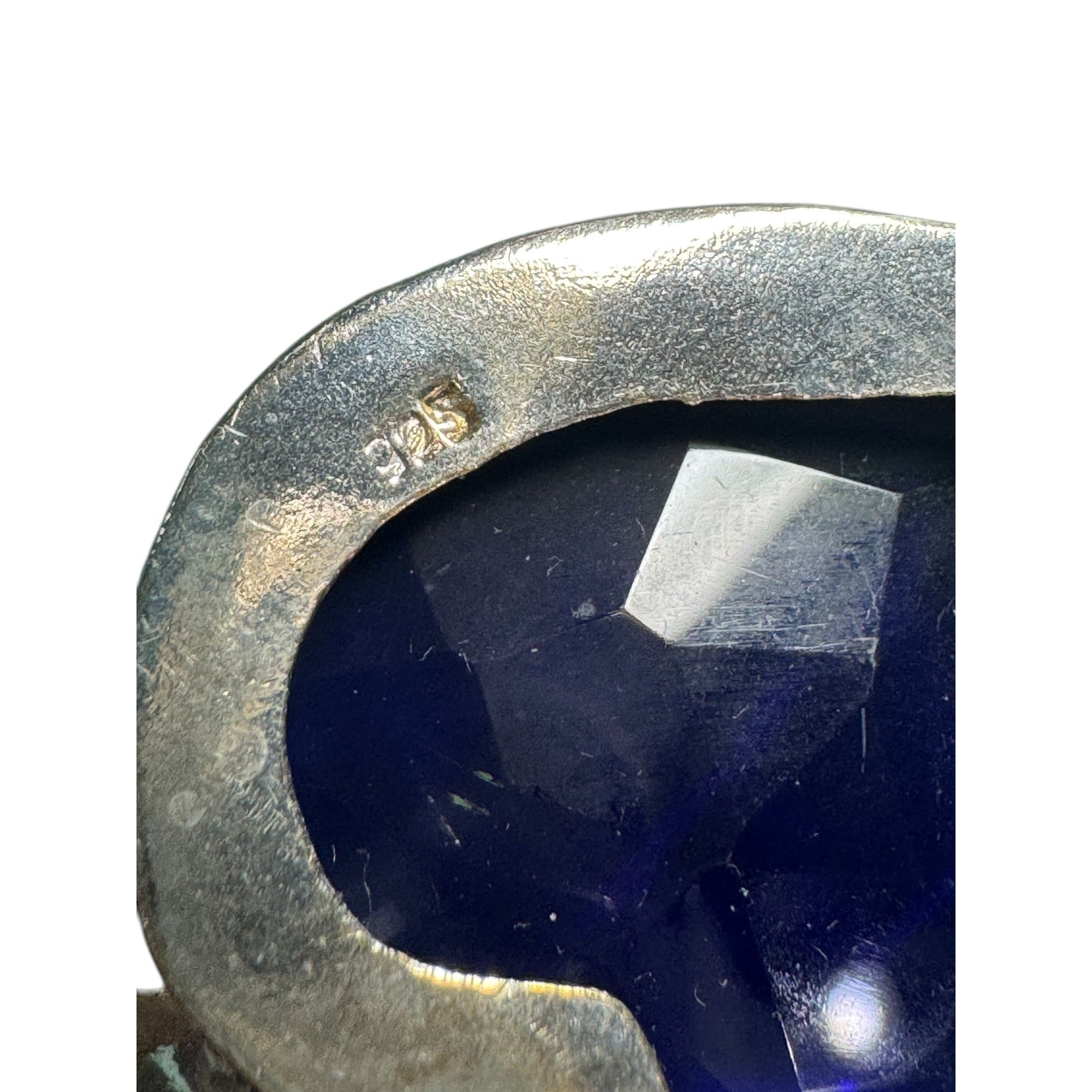 Sterling Silver 925 Heart Pendant Deep Blue Faceted Glass Stone Ornate Vintage Style Design