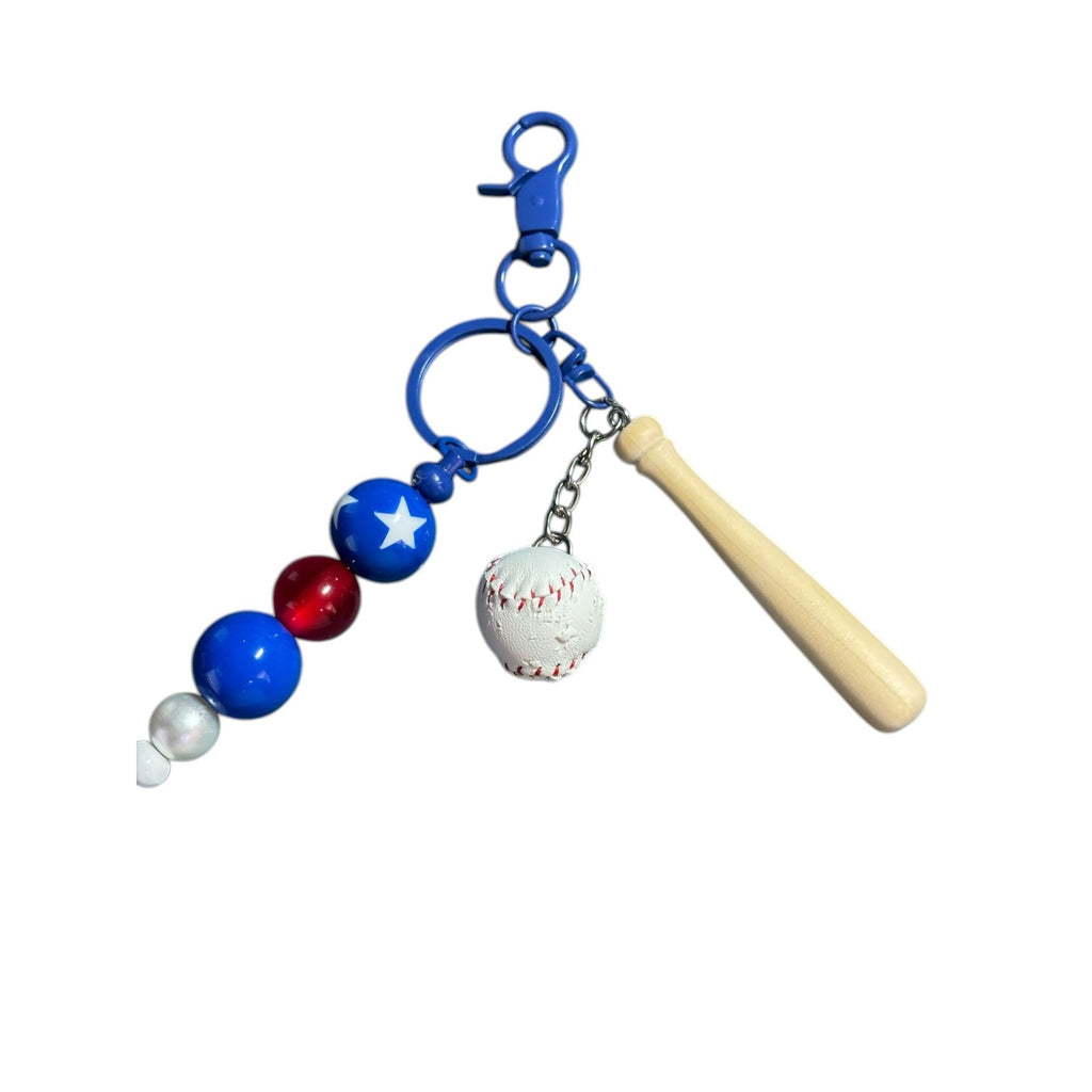 Mini Baseball & Bat Keychain With Red White & Blue Beads For Backpacks Or Bags