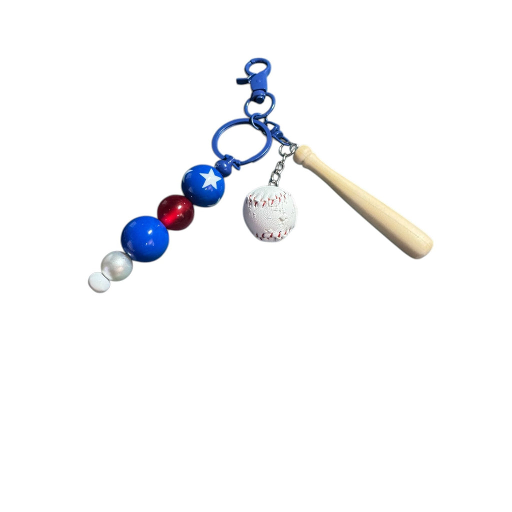 Mini Baseball & Bat Keychain With Red White & Blue Beads For Backpacks Or Bags