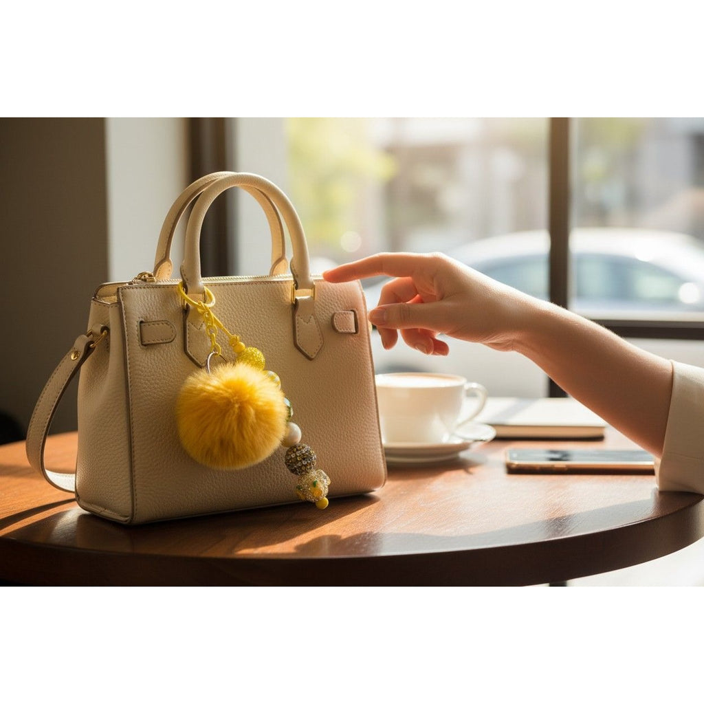 Yellow Pom Pom Keychain With Beaded Charm Accent Stylish Bag Accessory Lightweight & Durable Design