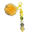 Yellow Pom Pom Keychain With Beaded Charm Accent Stylish Bag Accessory Lightweight & Durable Design