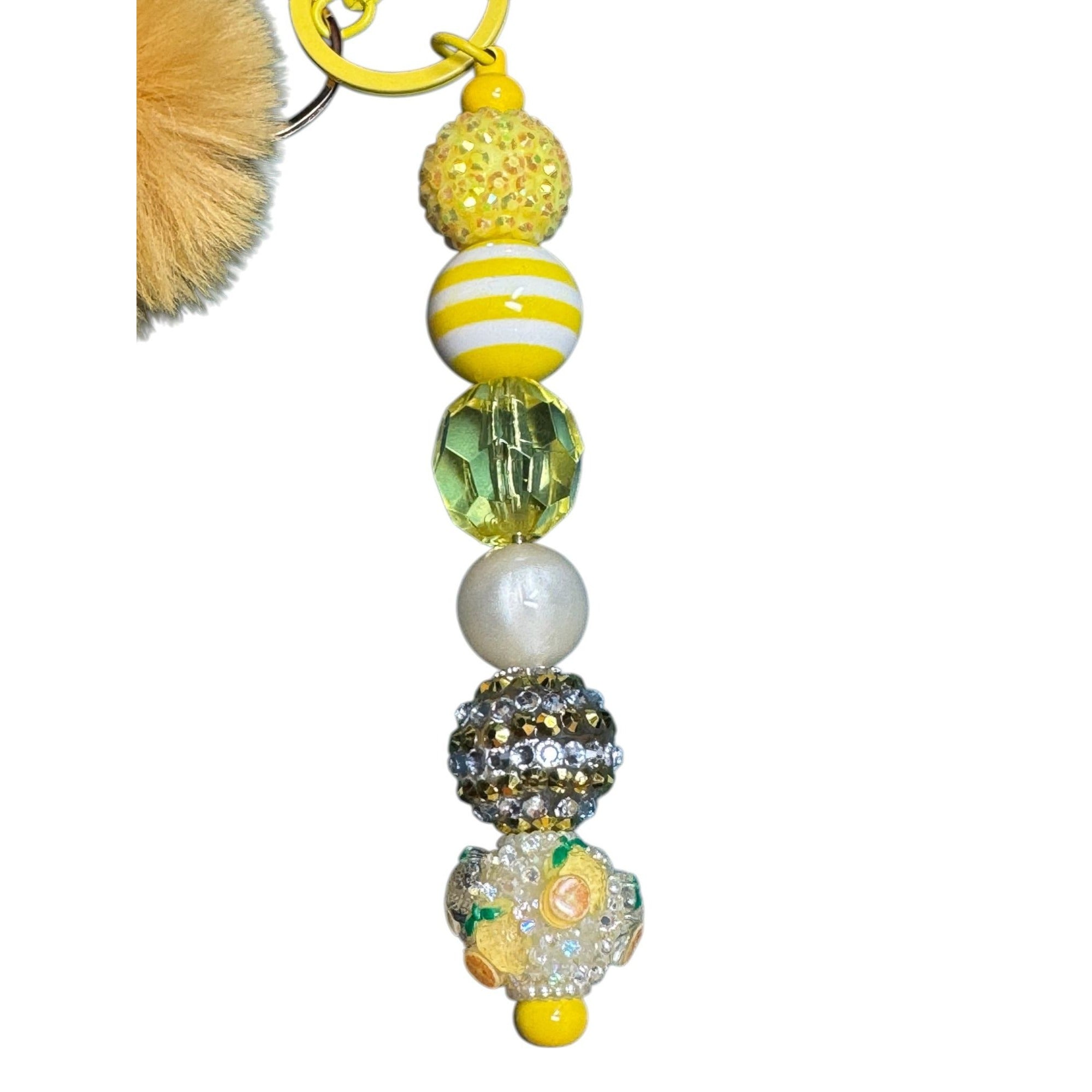 Yellow Pom Pom Keychain With Beaded Charm Accent Stylish Bag Accessory Lightweight & Durable Design