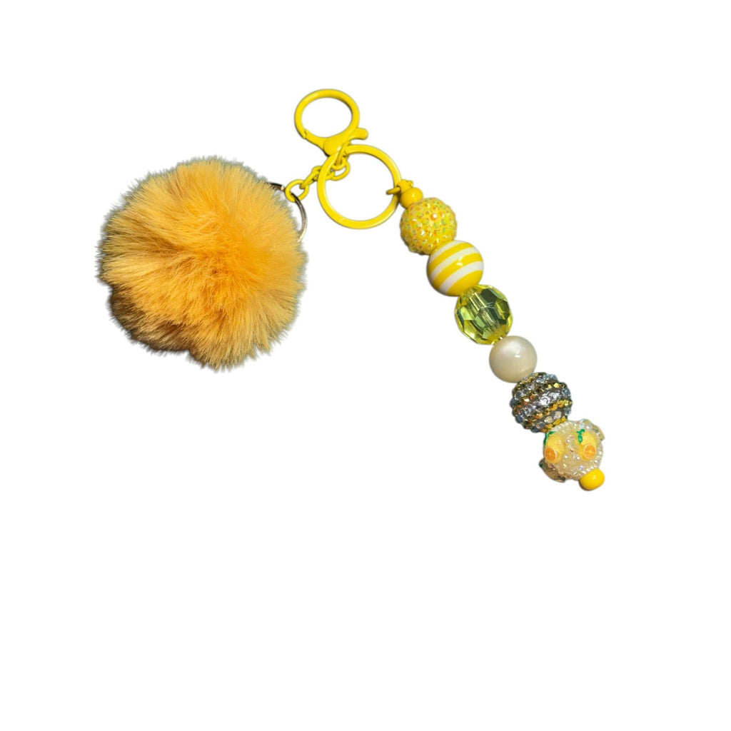Yellow Pom Pom Keychain With Beaded Charm Accent Stylish Bag Accessory Lightweight & Durable Design
